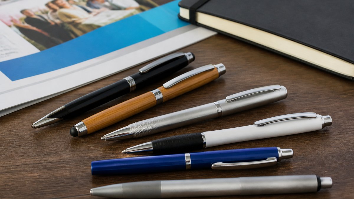 Close-up of several branded pens in different barrel finishes, plastic, metal and wood, arranged on a desk beside a printed event programme and a notebook