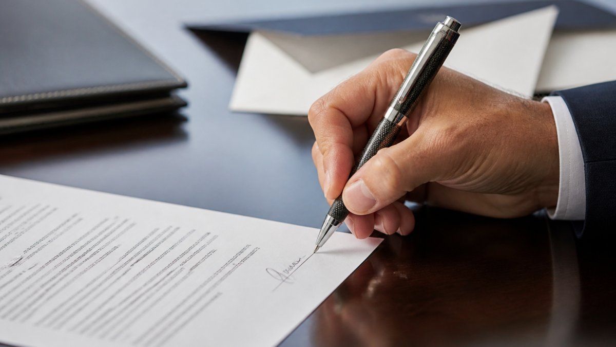 Close-up of a hand signing a document with a sleek metal branded pen on a polished desk, with a folded corporate letterhead and a leather notebook nearby